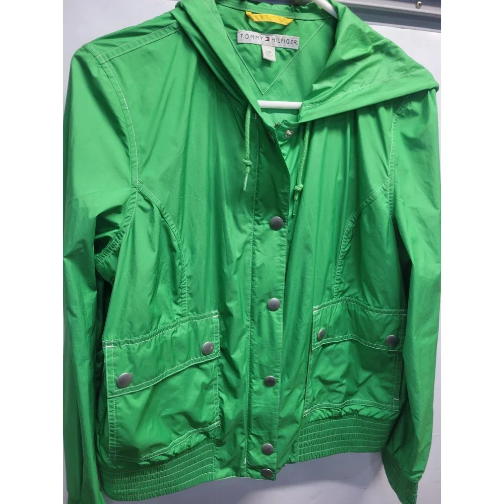 Vtg‎ Tommy Hilfiger Green Hooded Windbreaker Jacket Size L Full Zip Snap Front